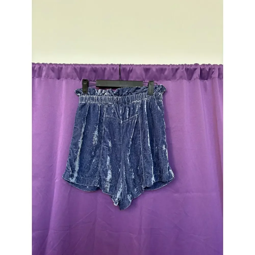 Free People At First Sight Plush Blue Paper Bag Shorts Boho Crushed Velvet